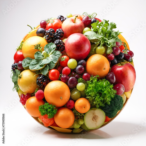 Fruits and vegetables are gathered in a large sphere, on a white background.