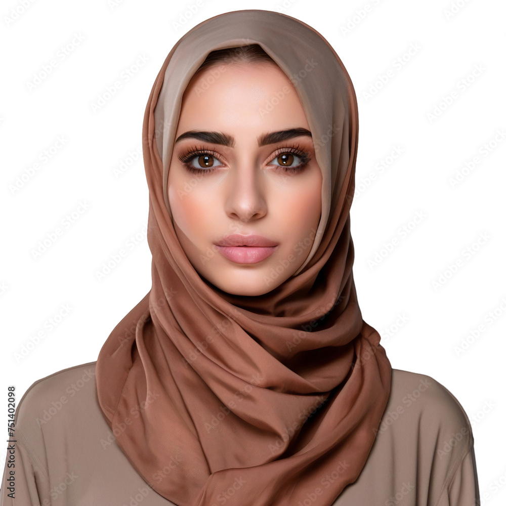 Portrait of smiling Arab woman in hijab looking at camera, isolated on transparent background Portrait of smiling Arab woman in hijab looking at camera, isolated on transparent background