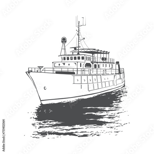 A detail illustration of a classic ship sailing in calm waters. Vector line art