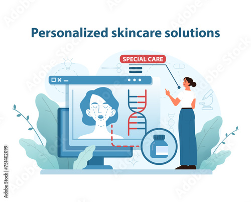 Custom skincare solutions illustration. Genomic precision shaping bespoke beauty treatments.