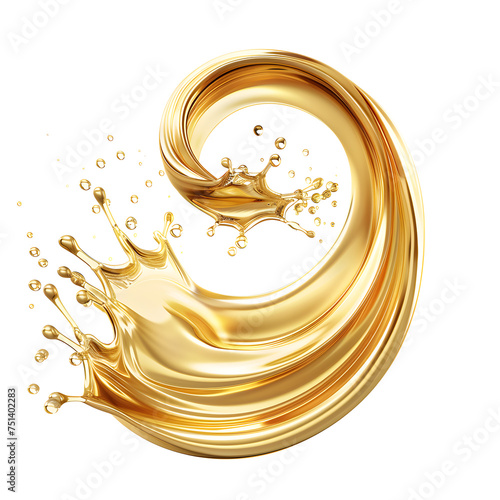 Gold glossy liquid wave, fluid splash Isolated on white background