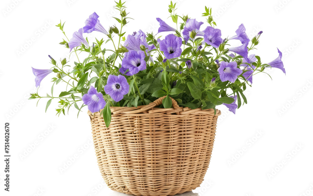 Scalloped Rattan Pot Holding Canterbury Bells isolated on transparent Background