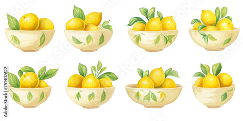 watercolor art of lemon in white bowl isolated on a white background as transparent PNG