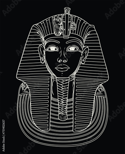 Black and white vector line art illustration of an Egyptian pharaoh