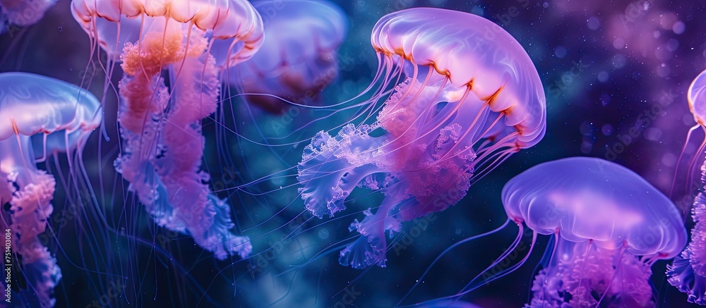 A group of majestic mauve stinger and mesmerizing purple jellyfish gracefully swim in the aquarium, showcasing their elegant movements as they interact with pelagi and noctiluca. - obrazy, fototapety, plakaty 
