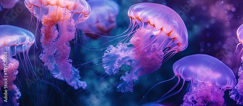 A group of majestic mauve stinger and mesmerizing purple jellyfish gracefully swim in the aquarium, showcasing their elegant movements as they interact with pelagi and noctiluca. photo