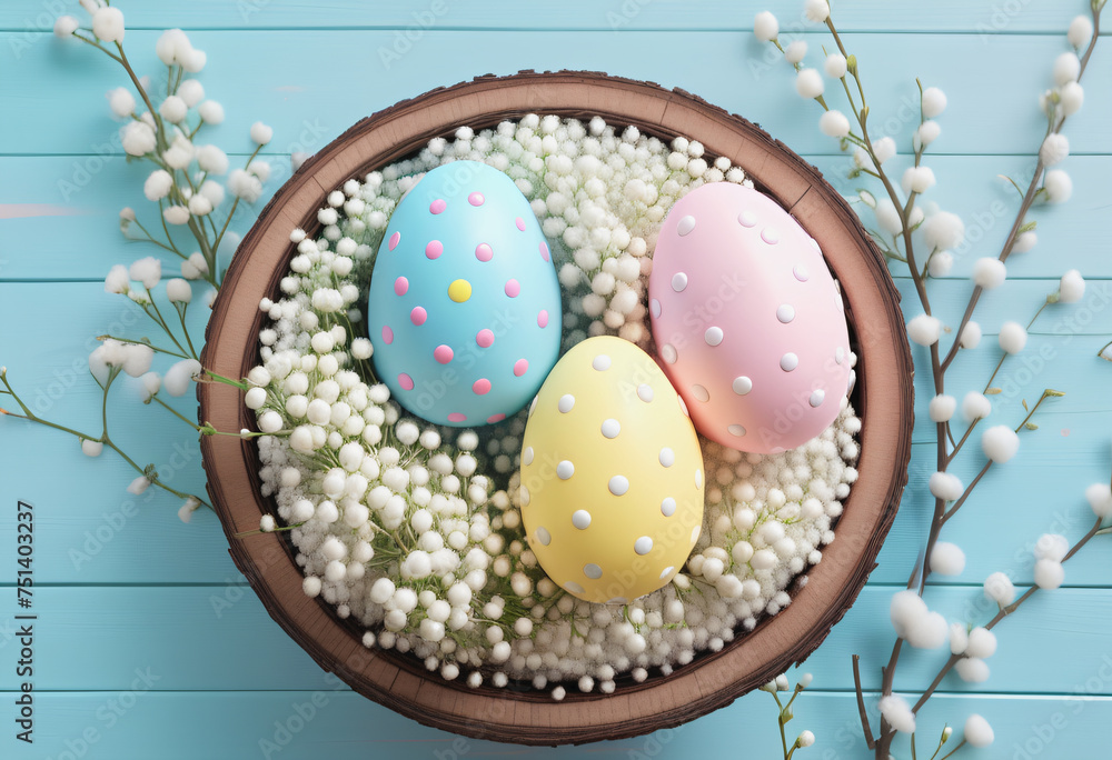 Obraz premium easter eggs in basket on wood floor