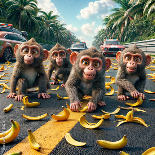 A group of cartoon monkeys are on a road surrounded by banana peels. There are three cars in the background, and palm trees are visible at the edge of the scene.. © sidra_creations