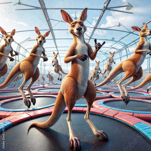 A group of kangaroos are on trampoline, they are all different positions on the trampoline and some are jumping. The background is a glass ceiling with a sky view. © sidra_creations