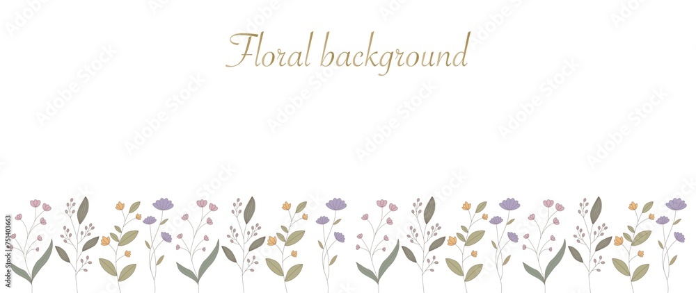 Flat illustration. Horizontal white banner on a white background or floral background decorated with beautiful colorful blooming spring flowers and leaves... Flat illustration. Horizontal white banner on a white background or floral background decorated with beautiful colorful blooming spring flowers and leaves...
