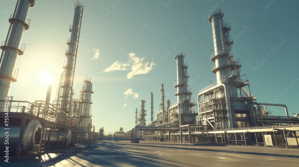 an oil refinery under clear skies and good weather conditions, highlighting the intricate machinery and structures against a backdrop of blue skies and fluffy clouds.