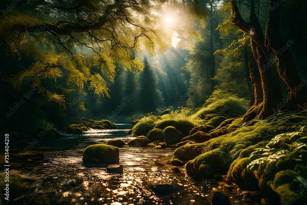 Forest in wonderful light with flowing river - obrazy, fototapety, plakaty 