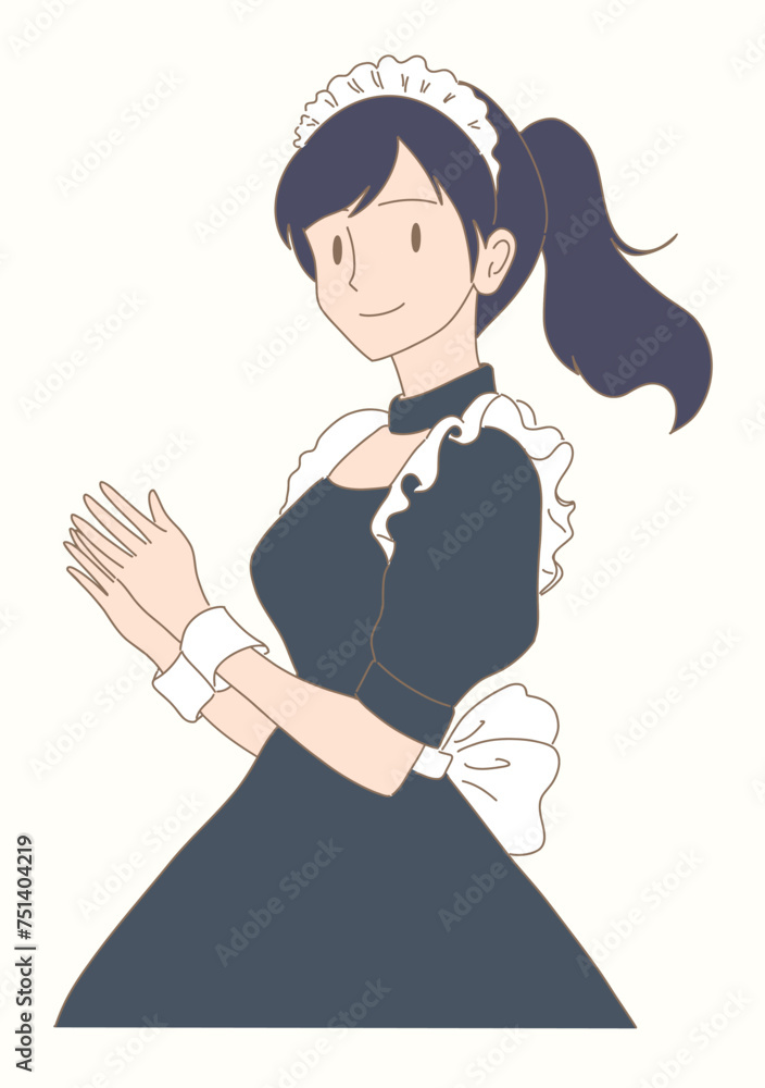 Woman wearing maid costume for cosplay event, working at maid cafe, clapping and applauding hands. Hand drawn flat cartoon character vector illustration. Woman wearing maid costume for cosplay event, working at maid cafe, clapping and applauding hands. Hand drawn flat cartoon character vector illustration.