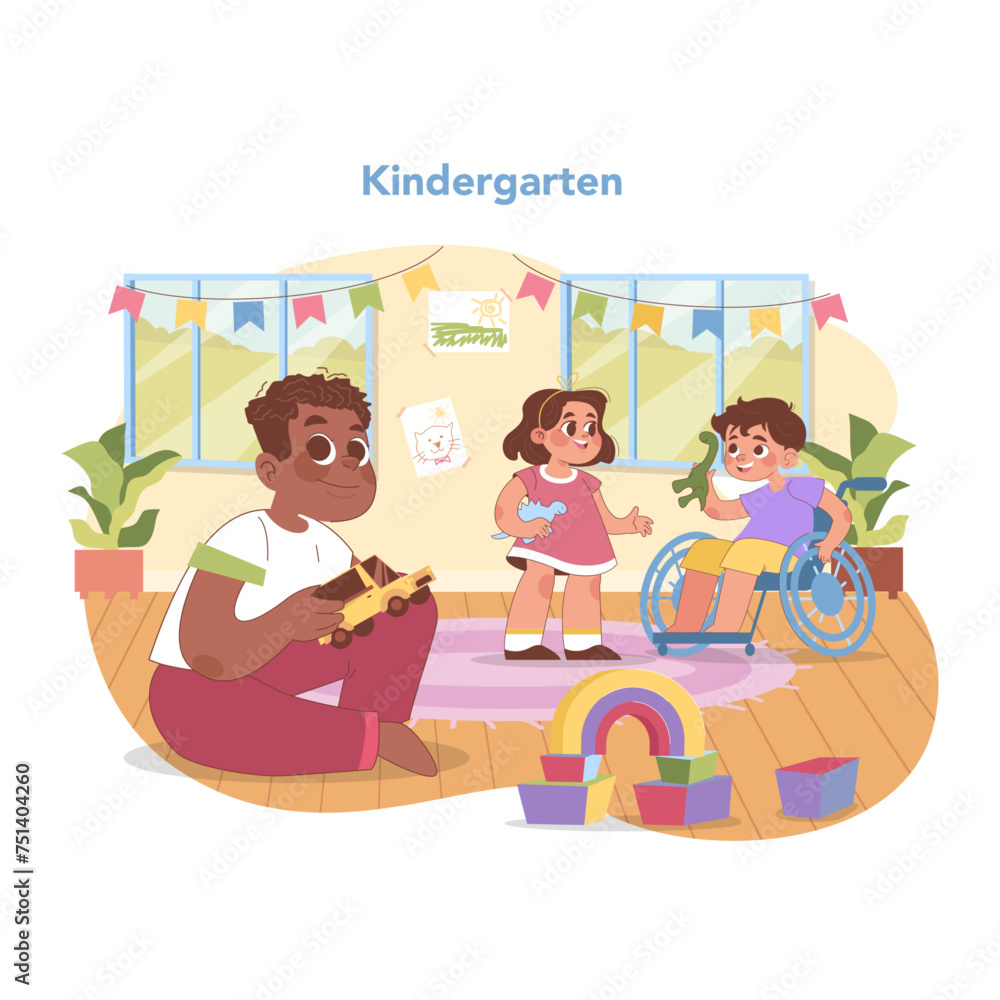 Inclusive kindergarten scene. Flat vector illustration Inclusive kindergarten scene. Flat vector illustration