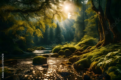Forest in wonderful light with flowing river