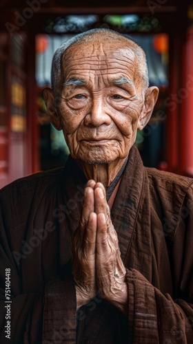Serene Elderly Monk in Traditional Robes. Generative ai