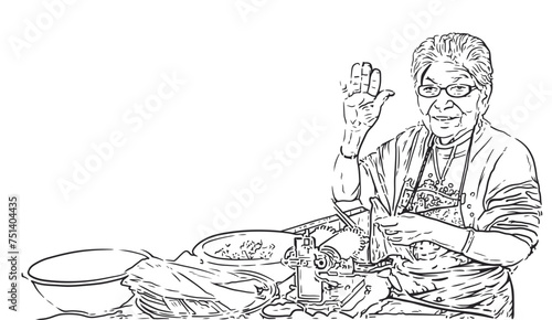 A Grandma chef making fresh pasta in a detailed line art illustration