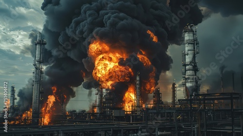  A devastating fire breaks out at an industrial oil refinery, causing a powerful explosion and engulfing the area in a dense cloud of black smoke.