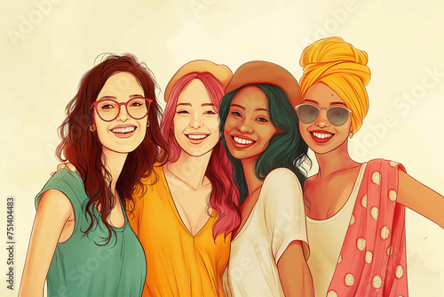 Illustration of diverse, multi-ethnic, smiling women, posing together. International Women’s Day, happy holiday greeting card concept. 8th March celebration of women of all over the world. 