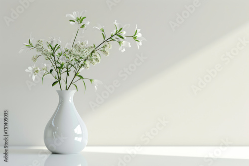 White vase with white flowers on a white background.