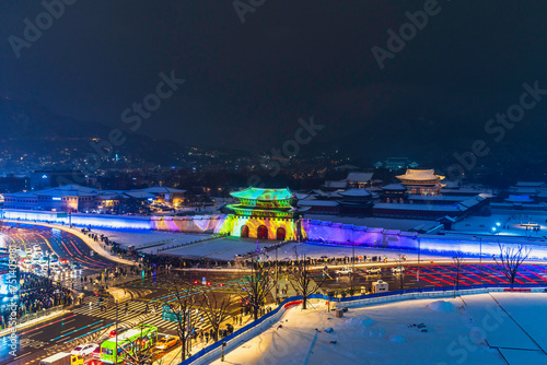 Time lapse of Gyeongbokgung Palace Korean landmark light show in front of Gyeongbokgung Palace and Seoul South Korea