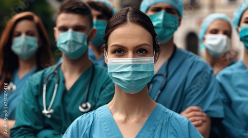  A group of healthcare professionals wearing scrubs and protective masks stand confidently, exemplifying dedication and preparedness in their field.