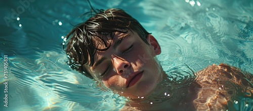 A teen boy is captured up close swimming backstroke in a pool of water, showcasing his athletic prowess and technique in the water.