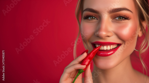 Woman sexy lips smile and holding chili pepper. Closeup photo. Beauty studio shot.
