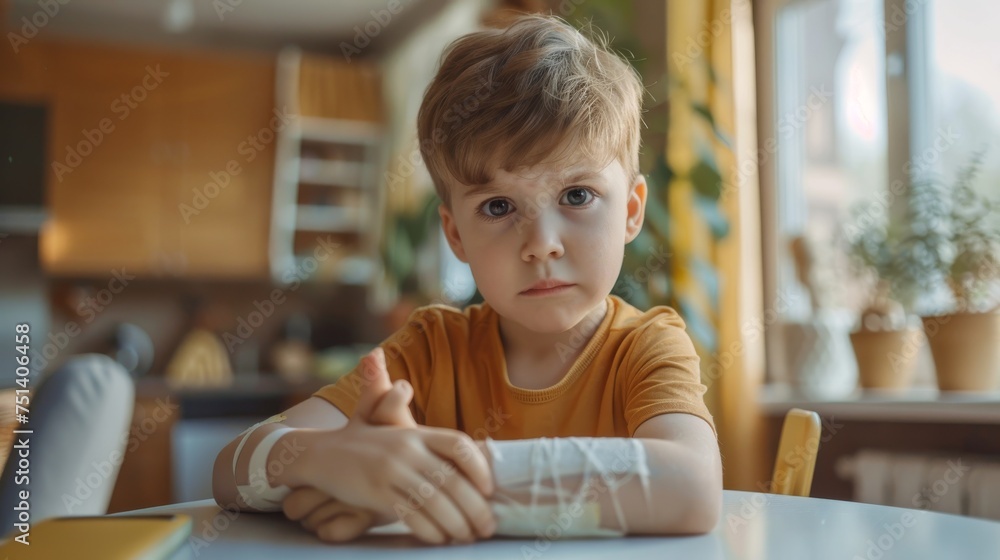 Little boy with a cast on his arm sitting at a table looking somber Little boy with a cast on his arm sitting at a table looking somber