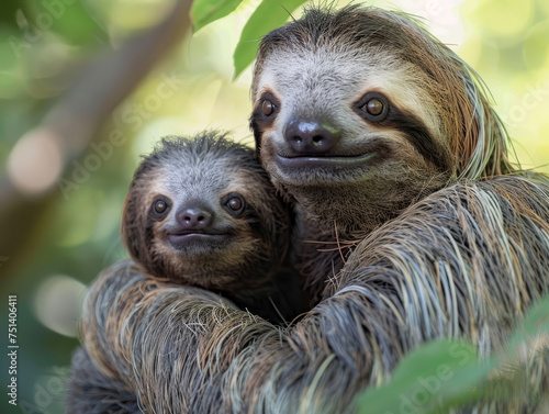 A mother sloth with her baby, showcasing a warm familial bond. © Jan