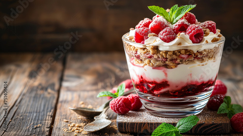 Raspberry trifle with whipped cream, berry sauce, on a gray concrete background. Summer diet dessert