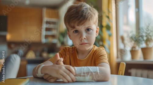 Little boy with a cast on his arm sitting at a table looking somber