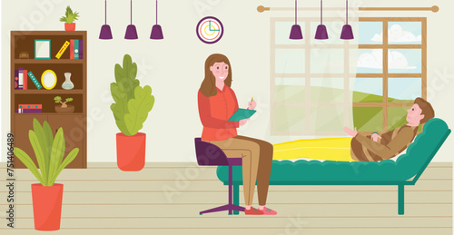 Female therapist taking notes, male patient lying on couch talking. Counselling session in bright therapy office vector illustration.