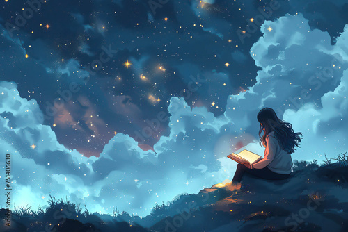 Girl reading book on starry night. Illustration World Book Day photo