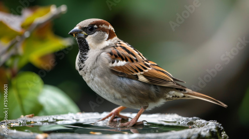 Detail of a sparrow perched on a water drinker with a soft green background.