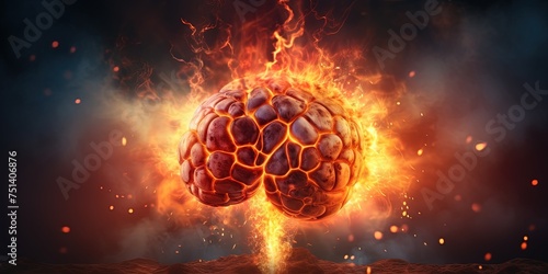 Side view of Brain on fire, exploding brain, disease concept like Parkinson's, Alzheimer's , dementia or Multiple Sclerosis