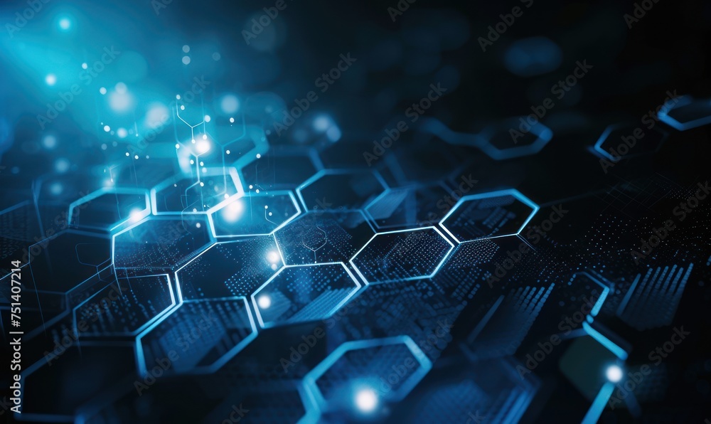 Hexagon Abstract Technology Background in Dark and Blue Hues with Glowing. Colorful and Glowing Blue Effect Hexagon Abstract Technology Background in Dark and Blue Hues with Glowing. Colorful and Glowing Blue Effect
