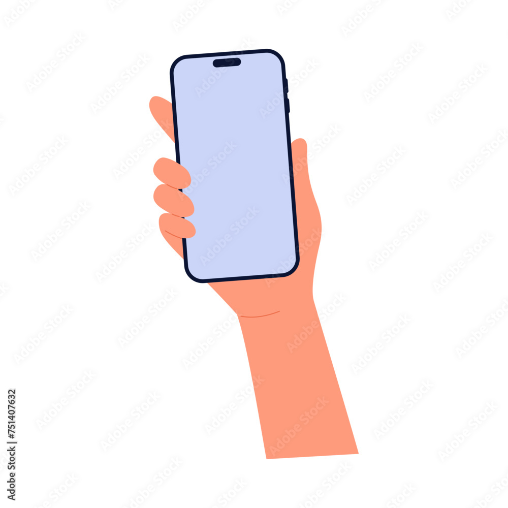 Human hand holding mobile phone with blank screen vector illustration