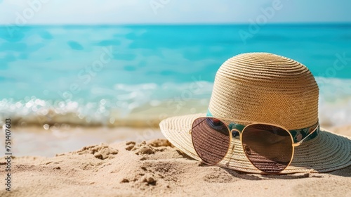 Chic sun hat and trendy sunglasses, positioned on a sandy beach with the tranquil blue sea in the backdrop.