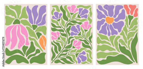 Abstract flower posters set. Trendy botanical wall arts with floral design in danish pastel colors. Matisse-inspired floral paintings. Decorative contemporary botanical elements. Vector naive art