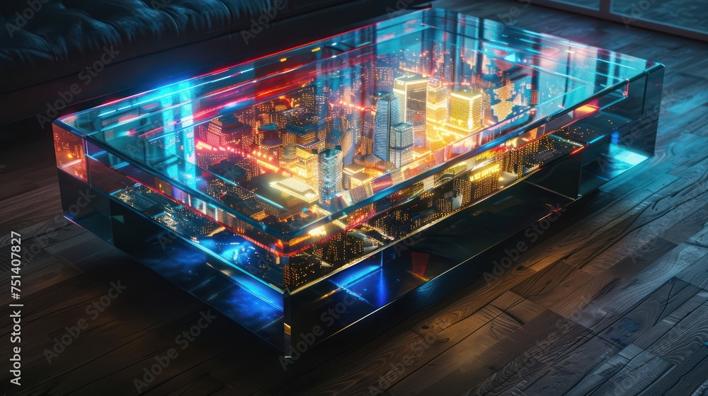 Vibrant holographic urban cityscape model with neon lighting, symbolizing advanced urban development and smart city concept for technology and architecture background