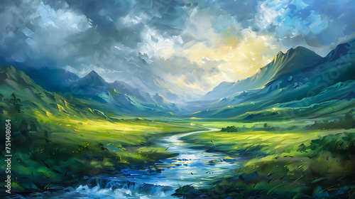 Natural hand painting with oil paint with rivers, hills, mountains on canvas