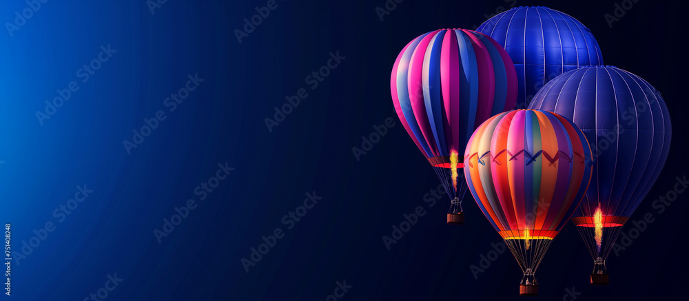 Obraz premium Hot air balloons and clouds on blue night sky backgrownd. Airship craft, fantasy journey, travel concept.