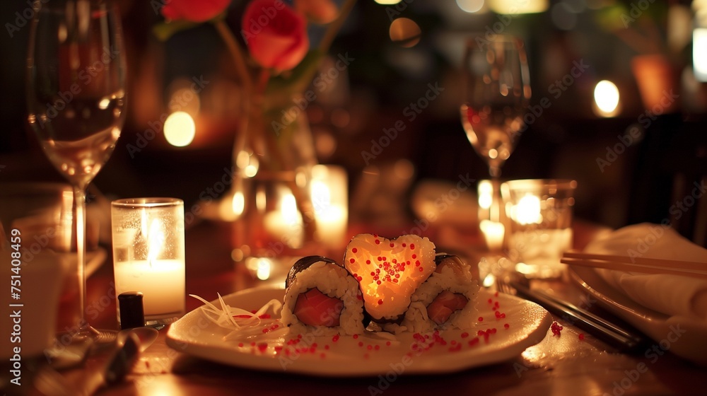A table set for a romantic dinner, featuring a heart-shaped sushi roll as the centerpiece, surrounded by candlelight.