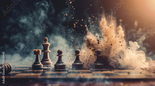 Chess pieces in a dynamic and intense game with smoke and particles flying over the chessboard.