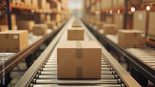 a cardboard box packages warehouse fulfillment center, with products stored and ready for distribution on a conveyor system, preparing their products for delivery to customers.