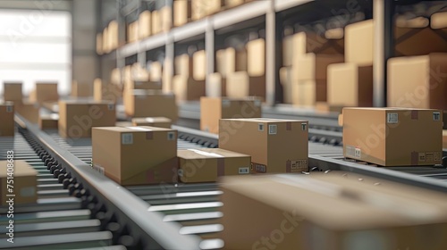 a cardboard box packages warehouse fulfillment center, with products stored and ready for distribution on a conveyor system, preparing their products for delivery to customers. © lililia