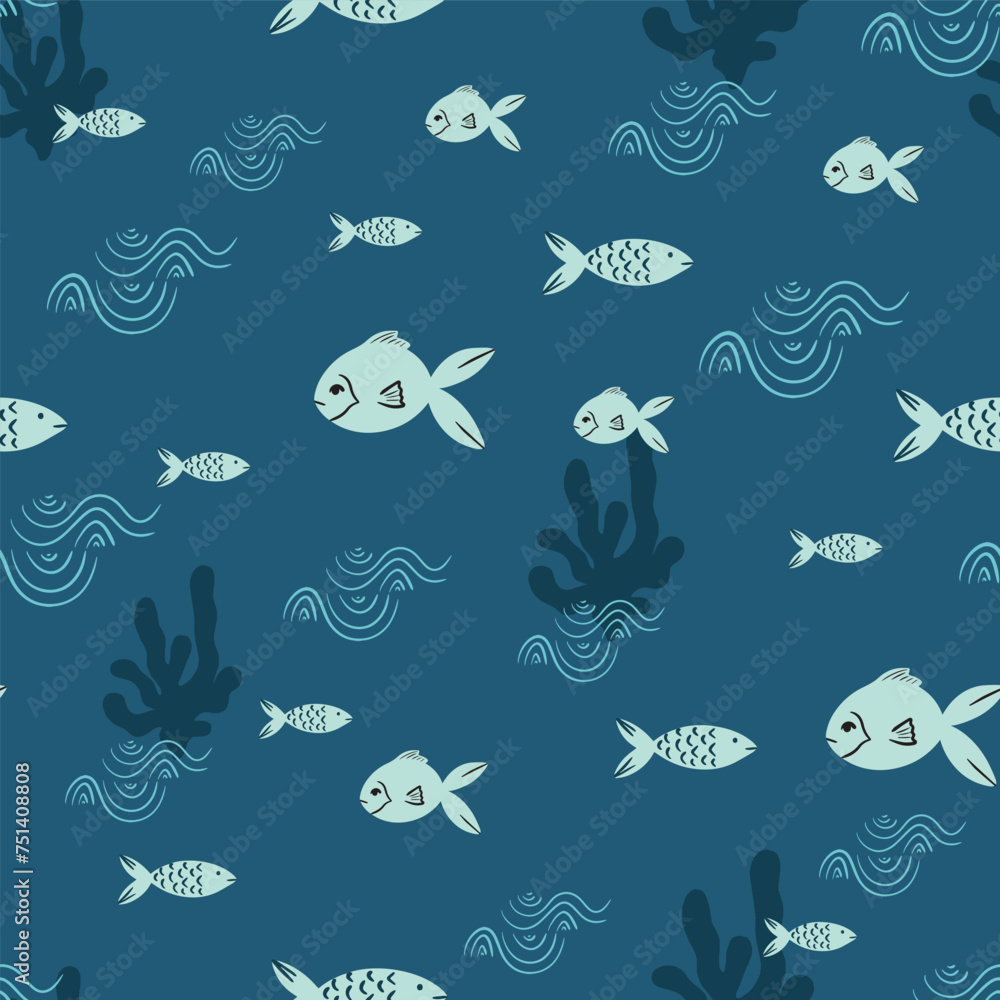 Underwater fish and coral blue pattern design