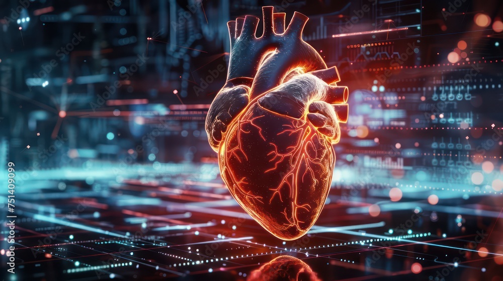 futuristic illustration of the human heart medicine technology background - obrazy, fototapety, plakaty 