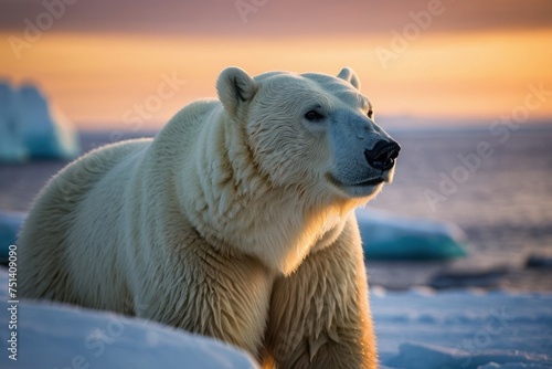 Selective focus shot of a polar bear at sunset in Antarctica
